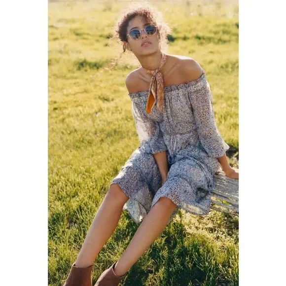 Anthropologie Kira Off-the-Shoulder Peasant Dress Blue Floral 6P - Picture 10 of 10